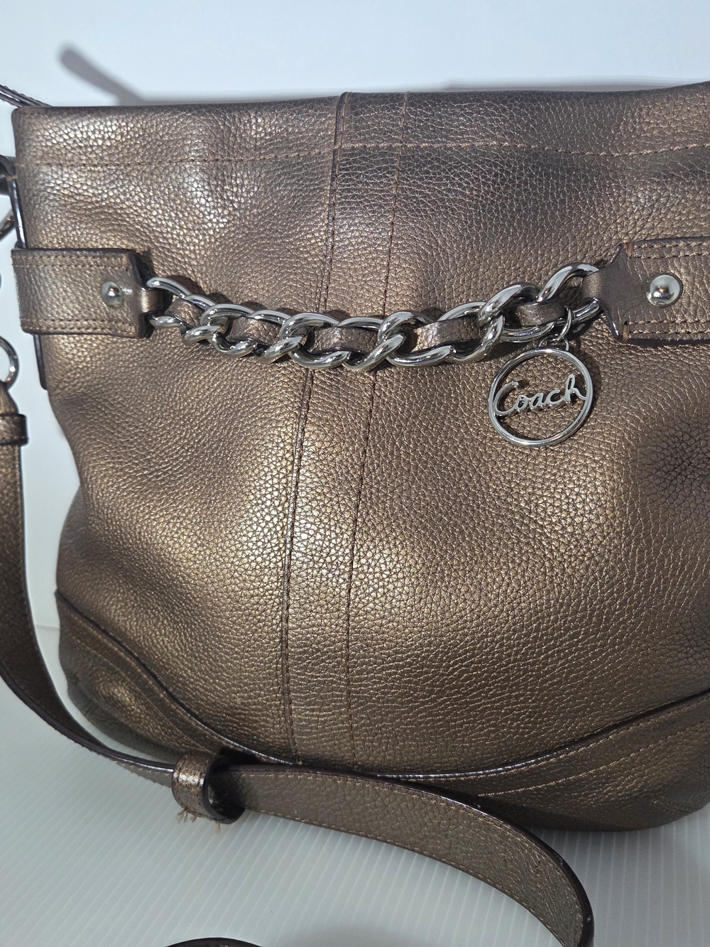 Coach Metallic Bronze Leather Crossbody Bag with Silver Chain Logo Charm
